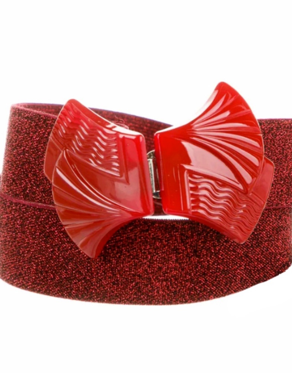 Anna Sui Belt, Cinch Belt with Red Plastic Bow Clasp and Metallic Lurex / PS